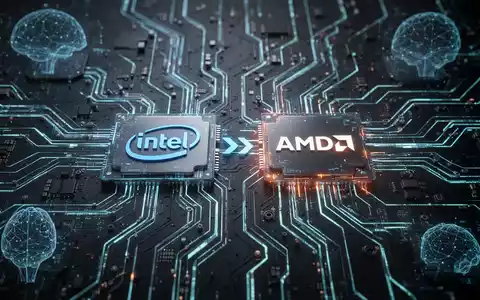 Close-up of a sophisticated circuit board with glowing blue and red lines, symbolizing data flow and collaboration between Intel and AMD. - Foto: über boerse-global.de