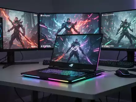 A high-performance gaming laptop with illuminated keys and screen, flanked by two large gaming monitors displaying colorful graphics. - Foto: über boerse-global.de