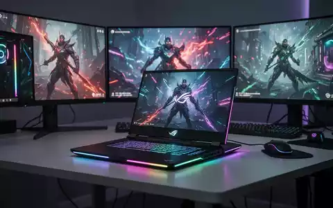 A high-performance gaming laptop with illuminated keys and screen, flanked by two large gaming monitors displaying colorful graphics. - Foto: über boerse-global.de