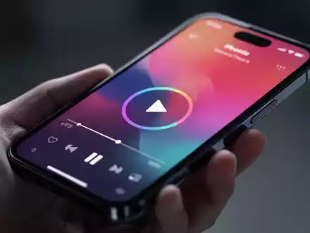 A hand holding a smartphone displaying a music playback screen with colorful album art and prominent controls. - Foto: über boerse-global.de