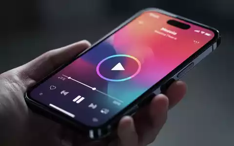 A hand holding a smartphone displaying a music playback screen with colorful album art and prominent controls. - Foto: über boerse-global.de