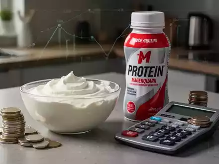 Eine Schüssel Magerquark neben einer teuren Protein-Drink-Flasche, einem Taschenrechner und Münzen auf einer Küchentheke. - Foto: über boerse-global.de