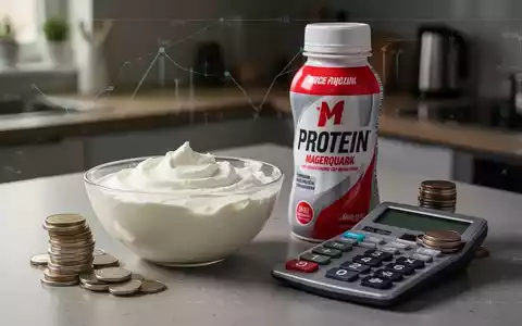 Eine Schüssel Magerquark neben einer teuren Protein-Drink-Flasche, einem Taschenrechner und Münzen auf einer Küchentheke. - Foto: über boerse-global.de