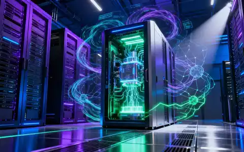 Ein futuristischer AI-Supercomputer mit leuchtenden Komponenten in einem modernen Rechenzentrum, umgeben von Datenströmen. - Foto: über boerse-global.de