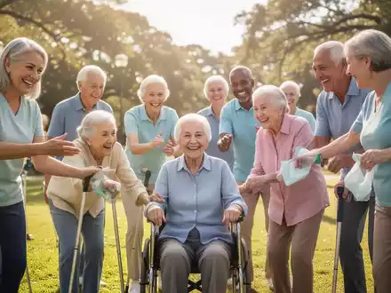 Eine vielfältige Gruppe von Menschen jeden Alters nimmt an einem gemeinschaftlichen Gesundheitsprogramm im Freien teil, lachend und aktiv. - Foto: über boerse-global.de