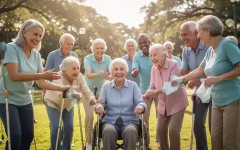 Eine vielfältige Gruppe von Menschen jeden Alters nimmt an einem gemeinschaftlichen Gesundheitsprogramm im Freien teil, lachend und aktiv. - Foto: über boerse-global.de