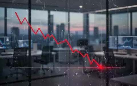 Ein Finanzdiagramm mit einem deutlichen Abwärtstrend, das ein Jahrestief bei 52,90 Euro markiert, vor einem Tech-Bürohintergrund. - Foto: über boerse-global.de
