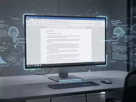 A glowing holographic projection of a Microsoft Word document with an AI assistant interface on a sleek computer monitor. - Foto: über boerse-global.de