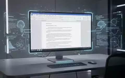A glowing holographic projection of a Microsoft Word document with an AI assistant interface on a sleek computer monitor. - Foto: über boerse-global.de