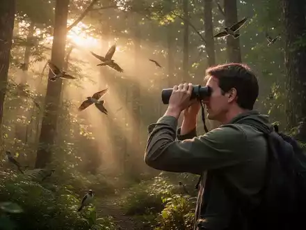 Eine Person beobachtet Vögel mit einem Fernglas in einem sonnendurchfluteten Wald, der Ruhe und Naturverbundenheit ausstrahlt. - Foto: über boerse-global.de
