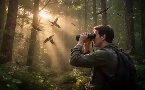 Eine Person beobachtet Vögel mit einem Fernglas in einem sonnendurchfluteten Wald, der Ruhe und Naturverbundenheit ausstrahlt. - Foto: über boerse-global.de