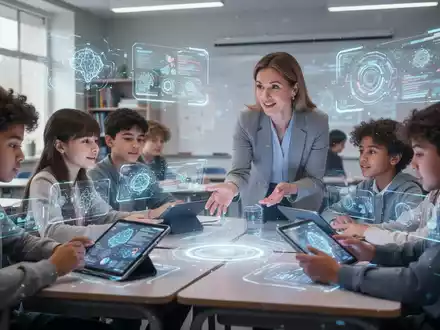 Schüler und Lehrer in einem modernen Klassenzimmer, die mit holografischen Projektionen und digitalen Tablets interagieren. - Foto: über boerse-global.de