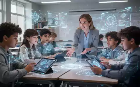 Schüler und Lehrer in einem modernen Klassenzimmer, die mit holografischen Projektionen und digitalen Tablets interagieren. - Foto: über boerse-global.de
