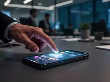 Eine Hand greift nach einem leuchtenden Smartphone auf einem Schreibtisch in einem dunklen Büro, was ständigen Arbeitsdruck symbolisiert. - Foto: über boerse-global.de