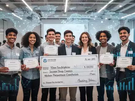 Young entrepreneurs, diverse and smiling, hold award certificates and a large novelty check in a modern event space. - Foto: über boerse-global.de