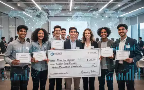 Young entrepreneurs, diverse and smiling, hold award certificates and a large novelty check in a modern event space. - Foto: über boerse-global.de