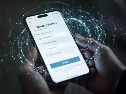 Ein Smartphone-Bildschirm zeigt eine Umfrage, Hände halten das Telefon. Digitale Überlagerung suggeriert Datenmanipulation und KI. - Foto: über boerse-global.de