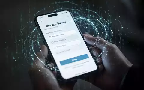 Ein Smartphone-Bildschirm zeigt eine Umfrage, Hände halten das Telefon. Digitale Überlagerung suggeriert Datenmanipulation und KI. - Foto: über boerse-global.de