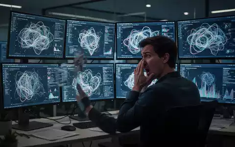 A person looks frustrated while reviewing complex, glowing AI data on multiple screens in a dim office, symbolizing productivity hurdles. - Foto: über boerse-global.de