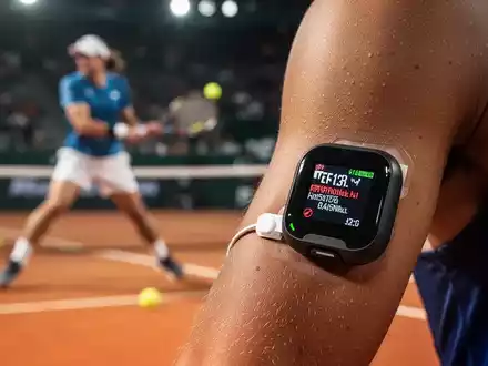 Nahaufnahme eines Glukosesensors am Arm eines Athleten, der eine Fehlfunktion anzeigt, mit einem Tennisplatz im unscharfen Hintergrund. - Foto: über boerse-global.de