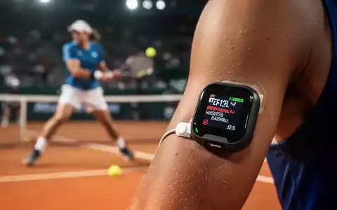 Nahaufnahme eines Glukosesensors am Arm eines Athleten, der eine Fehlfunktion anzeigt, mit einem Tennisplatz im unscharfen Hintergrund. - Foto: über boerse-global.de