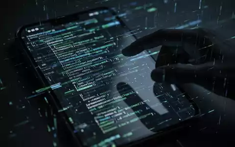 Ein Smartphone-Bildschirm zeigt glitchigen Code und Datenströme, eine schemenhafte Hand greift danach. Symbolisiert Datendiebstahl und Cyberbedrohungen. - Foto: über boerse-global.de