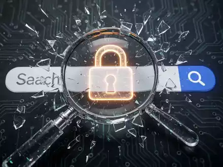 A glowing digital padlock over a fragmented magnifying glass and search bar, representing a cybersecurity vulnerability in search functions. - Foto: über boerse-global.de
