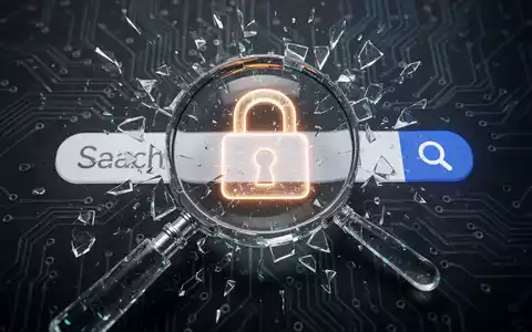 A glowing digital padlock over a fragmented magnifying glass and search bar, representing a cybersecurity vulnerability in search functions. - Foto: über boerse-global.de