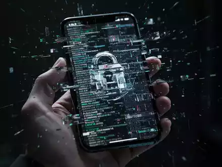 Eine Hand hält ein Smartphone mit einem verzerrten, glitchenden Bildschirm, der digitale Betrug und KI-Angriffe symbolisiert. - Foto: über boerse-global.de