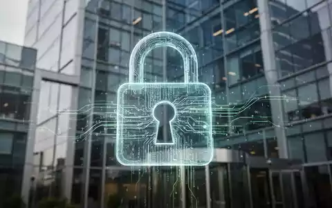 Ein stilisiertes, leuchtendes digitales Vorhängeschloss über der Fassade eines modernen Bürogebäudes, das Sicherheit und Compliance symbolisiert. - Foto: über boerse-global.de