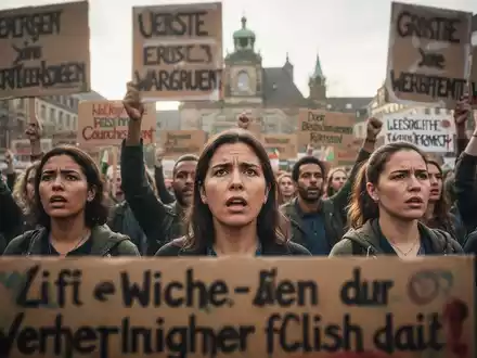 Eine Menschenmenge demonstriert auf einem Stadtplatz, einige halten Schilder. Der Fokus liegt auf entschlossenen Gesichtern und kollektiver Aktion. - Foto: über boerse-global.de