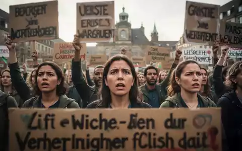 Eine Menschenmenge demonstriert auf einem Stadtplatz, einige halten Schilder. Der Fokus liegt auf entschlossenen Gesichtern und kollektiver Aktion. - Foto: über boerse-global.de