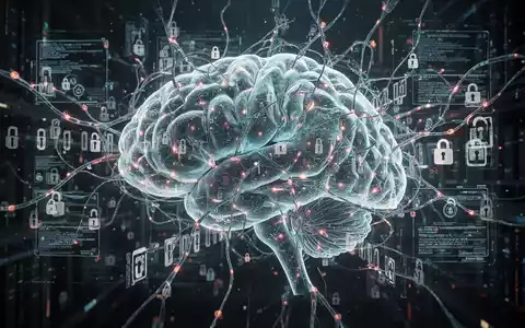 Ein abstraktes Bild, das ein digitales Gehirn oder neuronales Netz zeigt, das in leuchtende, komplexe rechtliche Rahmenbedingungen und digitale Barrieren verwickelt ist. - Foto: ĂŒber boerse-global.de