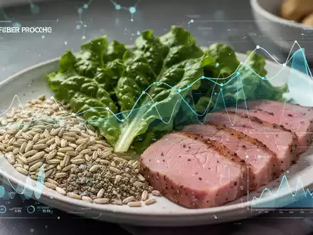 Ein Teller mit einer gesunden Mahlzeit, die Vollkornprodukte, grünes Gemüse und Proteine enthält, mit subtilen digitalen Grafiken. - Foto: über boerse-global.de