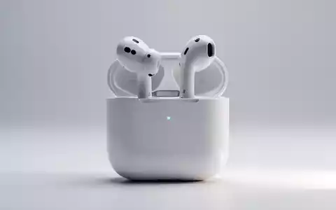 A close-up shot of white Apple AirPods (4th generation) earbuds and their open charging case on a minimalist background. - Foto: über boerse-global.de