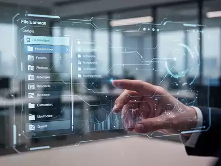 A stylized digital interface with file management elements, glowing lines, and abstract data, with a blurred hand interacting. - Foto: über boerse-global.de