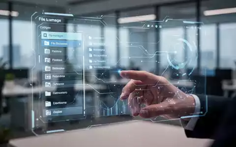A stylized digital interface with file management elements, glowing lines, and abstract data, with a blurred hand interacting. - Foto: über boerse-global.de
