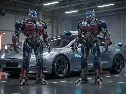 A futuristic humanoid robot and an autonomous electric vehicle stand on a high-tech factory floor, symbolizing Tesla's innovation. - Foto: über boerse-global.de