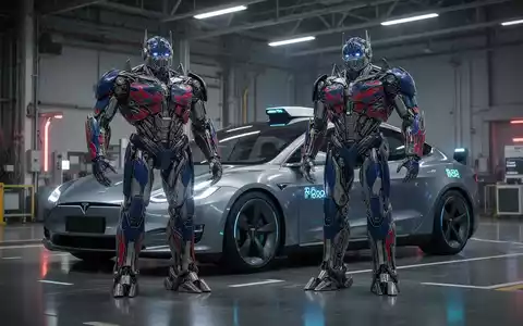 A futuristic humanoid robot and an autonomous electric vehicle stand on a high-tech factory floor, symbolizing Tesla's innovation. - Foto: über boerse-global.de