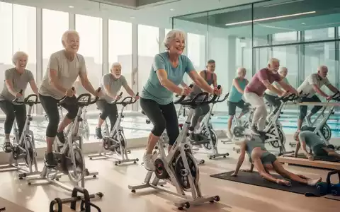 Ältere Menschen (50+) trainieren gemeinsam mit geringer Belastung: Radfahren, Schwimmen, Pilates in einem modernen Fitnessstudio. - Foto: über boerse-global.de