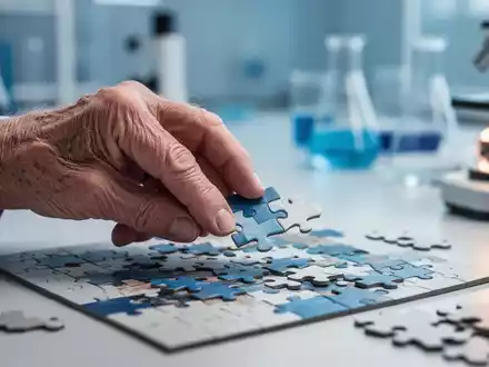 Nahaufnahme der Hand einer älteren Person, die ein komplexes Puzzle löst, im Hintergrund verschwommene Forschungsumgebung. - Foto: über boerse-global.de