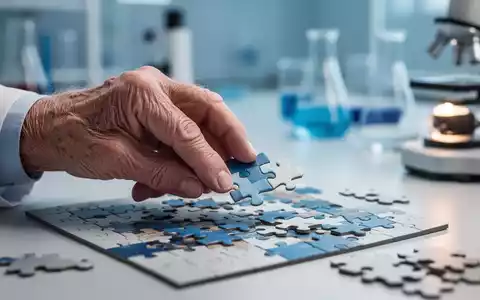 Nahaufnahme der Hand einer älteren Person, die ein komplexes Puzzle löst, im Hintergrund verschwommene Forschungsumgebung. - Foto: über boerse-global.de