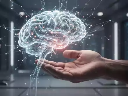 A human hand reaching out to touch a glowing, abstract representation of an artificial intelligence brain or neural network. - Foto: über boerse-global.de