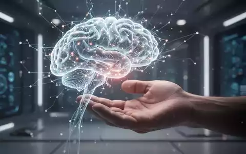 A human hand reaching out to touch a glowing, abstract representation of an artificial intelligence brain or neural network. - Foto: über boerse-global.de