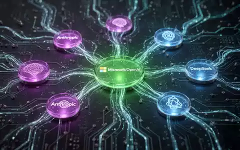 A glowing digital neural network with a central green node connected to smaller purple and blue nodes, symbolizing AI model integration. - Foto: über boerse-global.de
