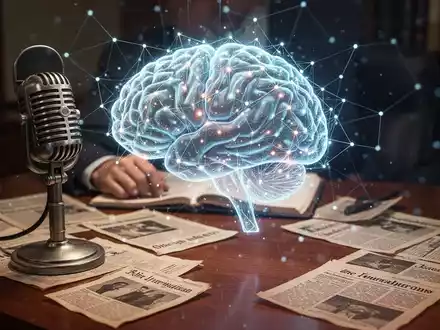 A glowing AI brain network superimposed on a journalist's desk with a vintage microphone and newspaper clippings. - Foto: über boerse-global.de