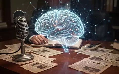 A glowing AI brain network superimposed on a journalist's desk with a vintage microphone and newspaper clippings. - Foto: über boerse-global.de