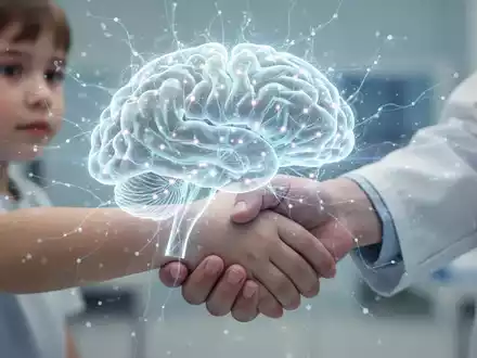 A glowing, abstract AI neural network overlaid on a doctor's hand holding a child's hand, symbolizing AI in pediatric medicine. - Foto: über boerse-global.de