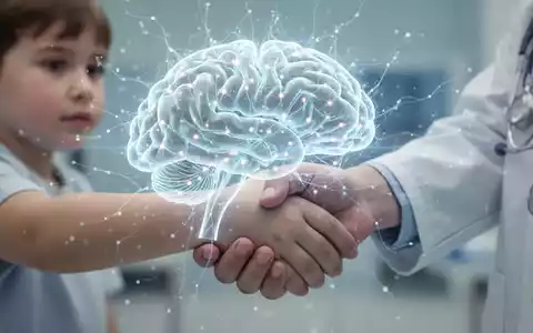A glowing, abstract AI neural network overlaid on a doctor's hand holding a child's hand, symbolizing AI in pediatric medicine. - Foto: über boerse-global.de