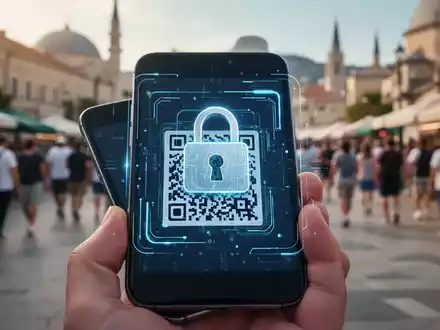 Ein Smartphone scannt einen QR-Code, der mit einem digitalen Vorhängeschloss überlagert ist, im Hintergrund eine belebte Tourismusgegend. - Foto: über boerse-global.de